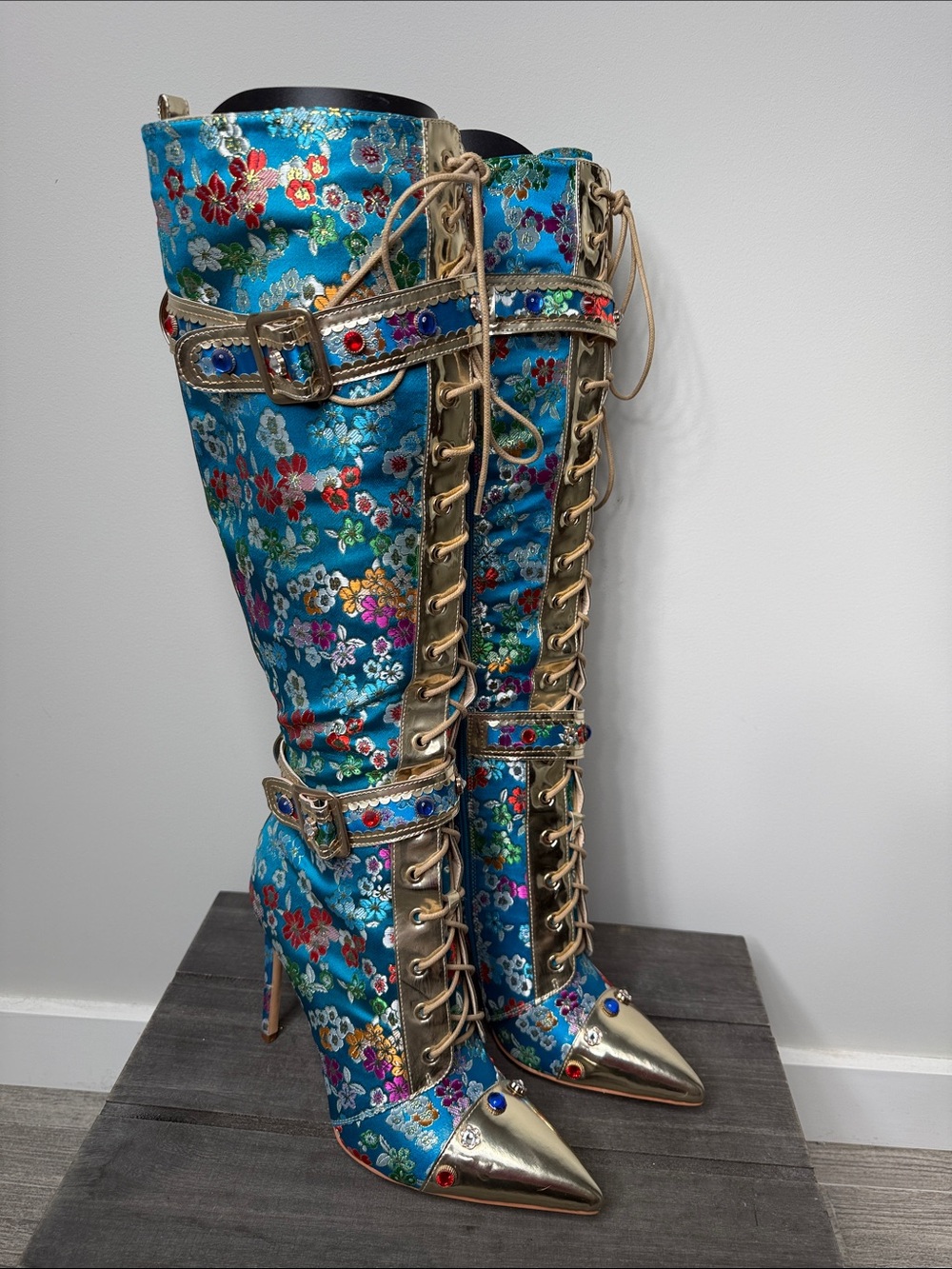 Floral Lace-Up Knee-High Boots in Bright Blue with Gold Accents